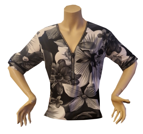 Damenoberteil, schwarz-weißes Blumenmuster mit Strassreißverschluß.