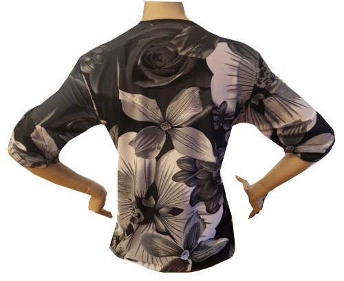 Damenoberteil, schwarz-weißes Blumenmuster mit Strassreißverschluß.