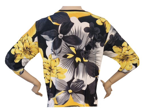 Preview: Damenoberteil, schwarz-gelbes Blumenmuster mit Strassreißverschluß am Ausschnitt, Gr 38 bis 44.