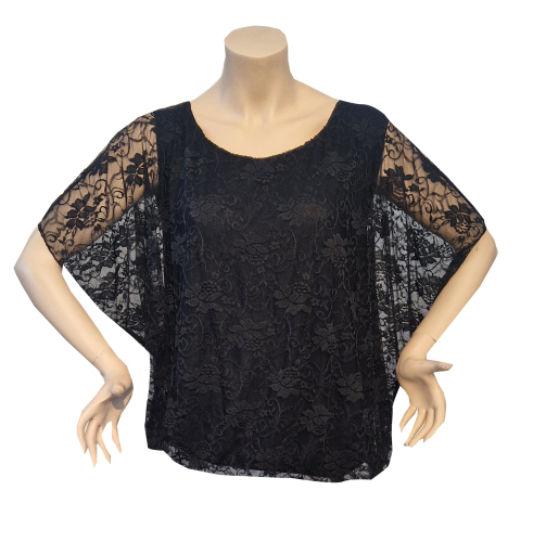 Oberteil, schwarz, mit überschnittenen Schultern aus elastischer Spitze