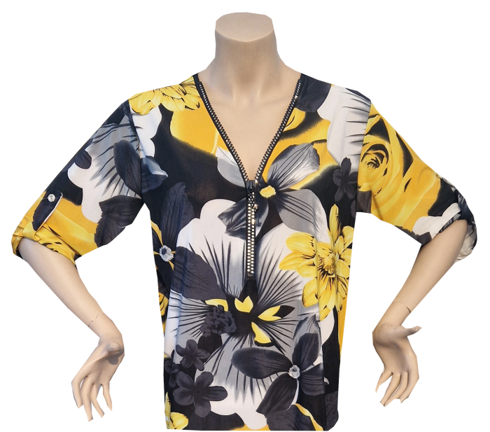 Damenoberteil, schwarz-gelbes Blumenmuster mit Strassreißverschluß am Ausschnitt, Gr 38 bis 44.